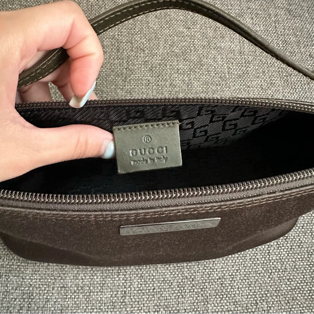 Gucci taupe satin boat pochette bag